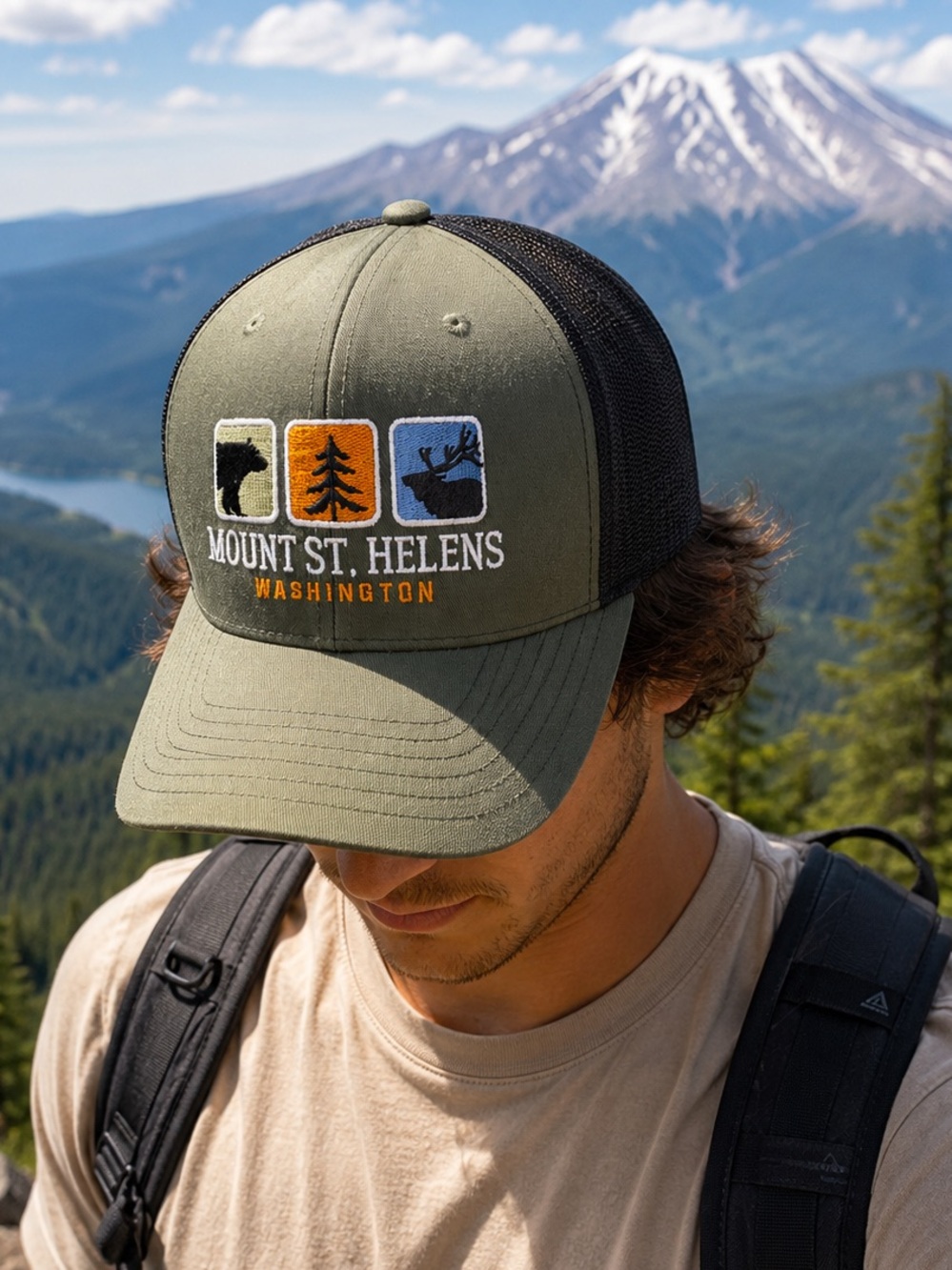 Richardson 112 Mount St. Helens Washington Trucker Hat Snapback Olive Black Cap